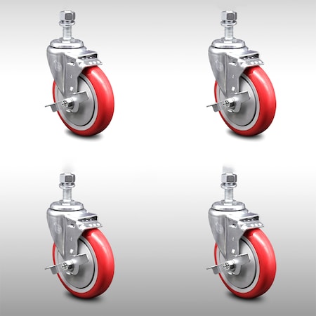 Service Caster 5 Inch SS Red Polyurethane Wheel Swivel 1/2 Inch Threaded Stem Caster Set Brake SCC-SSTS20S514-PPUB-RED-TLB-121315-4